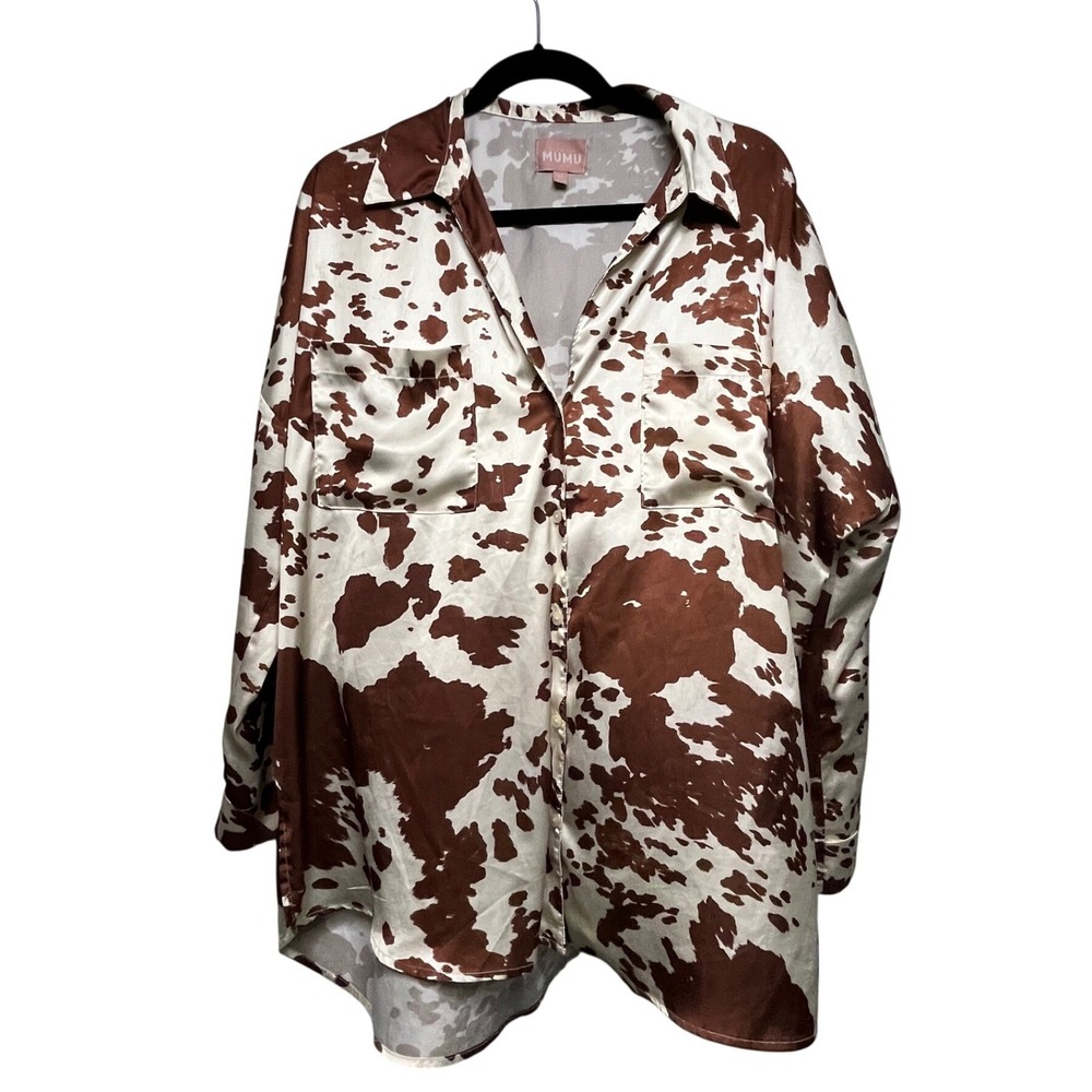 Show Me Your Mumu Overslept PJ Set Brown White Holy Cow Print Satin Cowgirl M - Picture 2 of 14